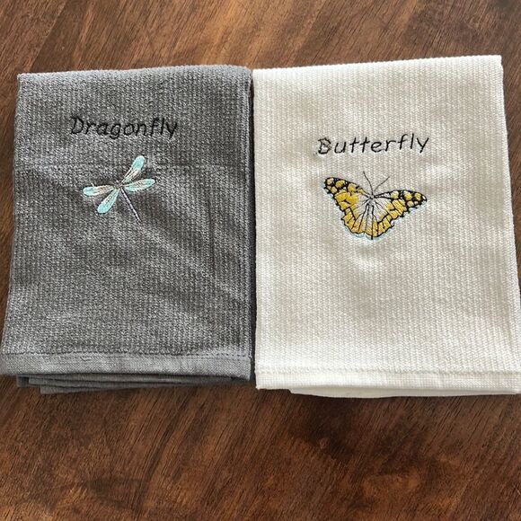 NEW flaws- Set of Gray and White 100% Cotton Embroidered Barmop Dishtowels - Picture 1 of 8